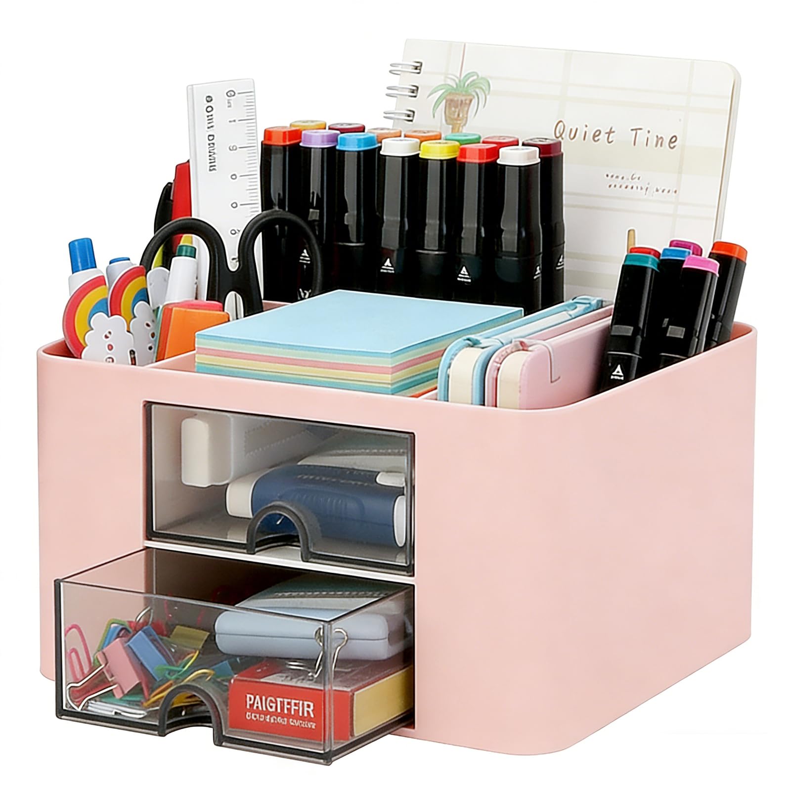 Lepat Desk Organiser with 2 Drawers, Plastic Table Tidy Organiser with Pen Holder, 7 Grids Desktop Organizer Stationery Storage Box for School Office Home Makeup Desk Supplies (Pink)