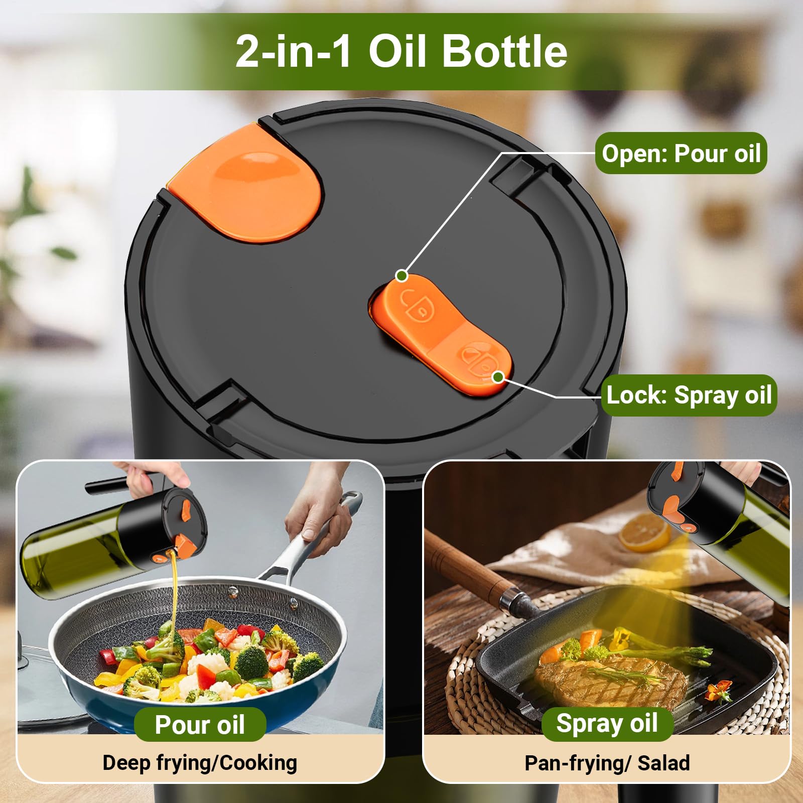 Euqvunn Spruzzino Olio 500 ml, 2-in-1 Spray & Versatore, Vetro Blocca Luce, Oliera Spray Ricaricabile per Cucina, Friggitrice ad Aria, Insalata e Grigliate, con Pennello (Nero)