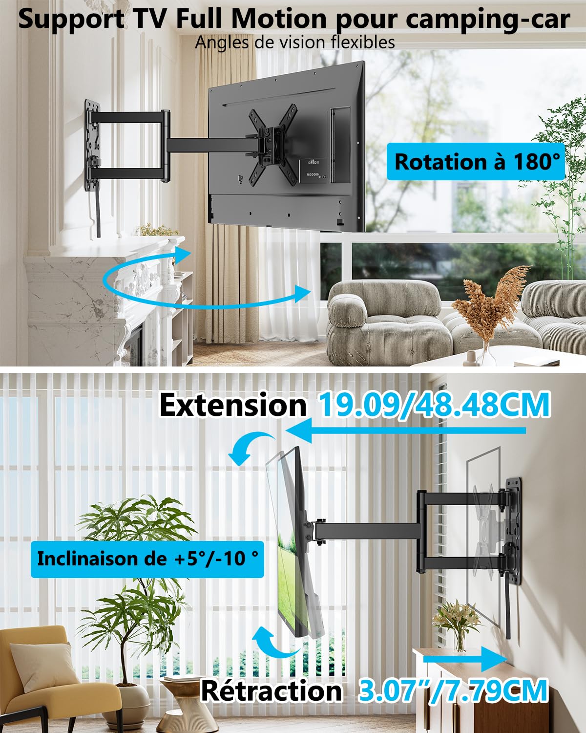 Support Mural pour Caravane TV avec Verrouillage pour la Plupart des TV 13-43 Pouces, Support RV TV pivotant à 180° VESA 200x200mm jusqu'à 25kg, Support Mural TV orientable et inclinable pour