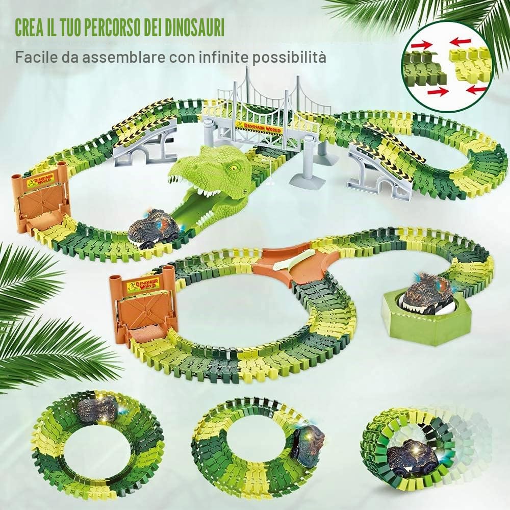Mini Tudou Dinosauro Pista da Corsa 174 PCS Figure di Dinosauri Auto | Binari del Treno Flessibili con 8 Figure di Dinosauri, 2 auto Elettriche, con Luci, regali per bambini piccoli