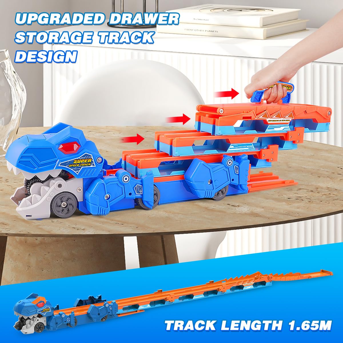 TERRAMUS Camion Trasporto Dinosauro - Set di Giocattoli Auto 3 in 1 con Eiezione, Pista Pieghevole Portatile per Bambini con 8 Auto da Corsa, Set di Giocattoli Auto Portatili per Bambini Ragazzi 3-5