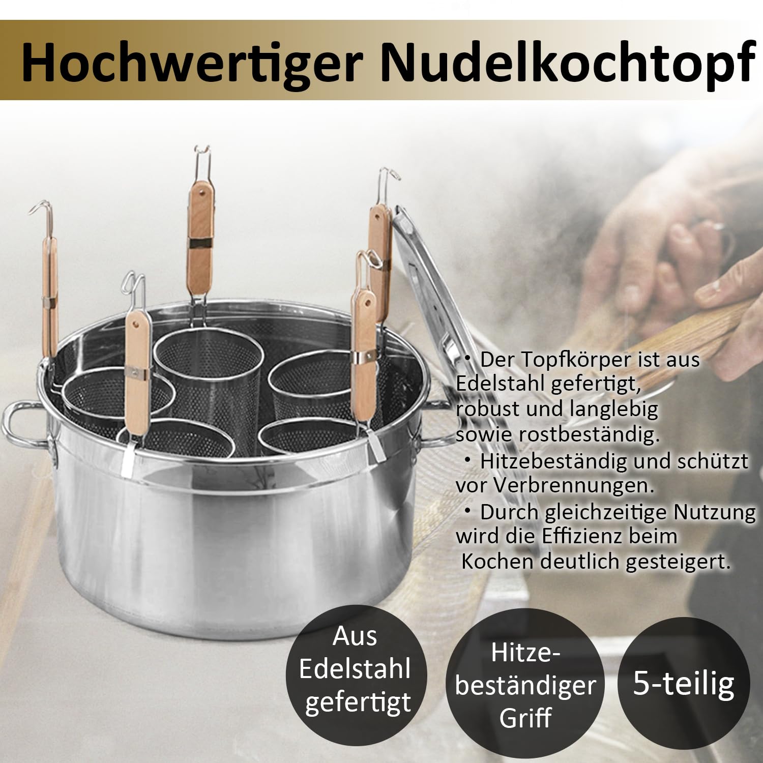 Kurflo Kommerzieller Nudeltopf, Edelstahl, für Ramen, Udon, Spaghetti & Fondue, geeignet für Gasherd & Induktion, inkl. Abtropfsieb und Aufhängehaken (mit 3 Siebeinsätzen)