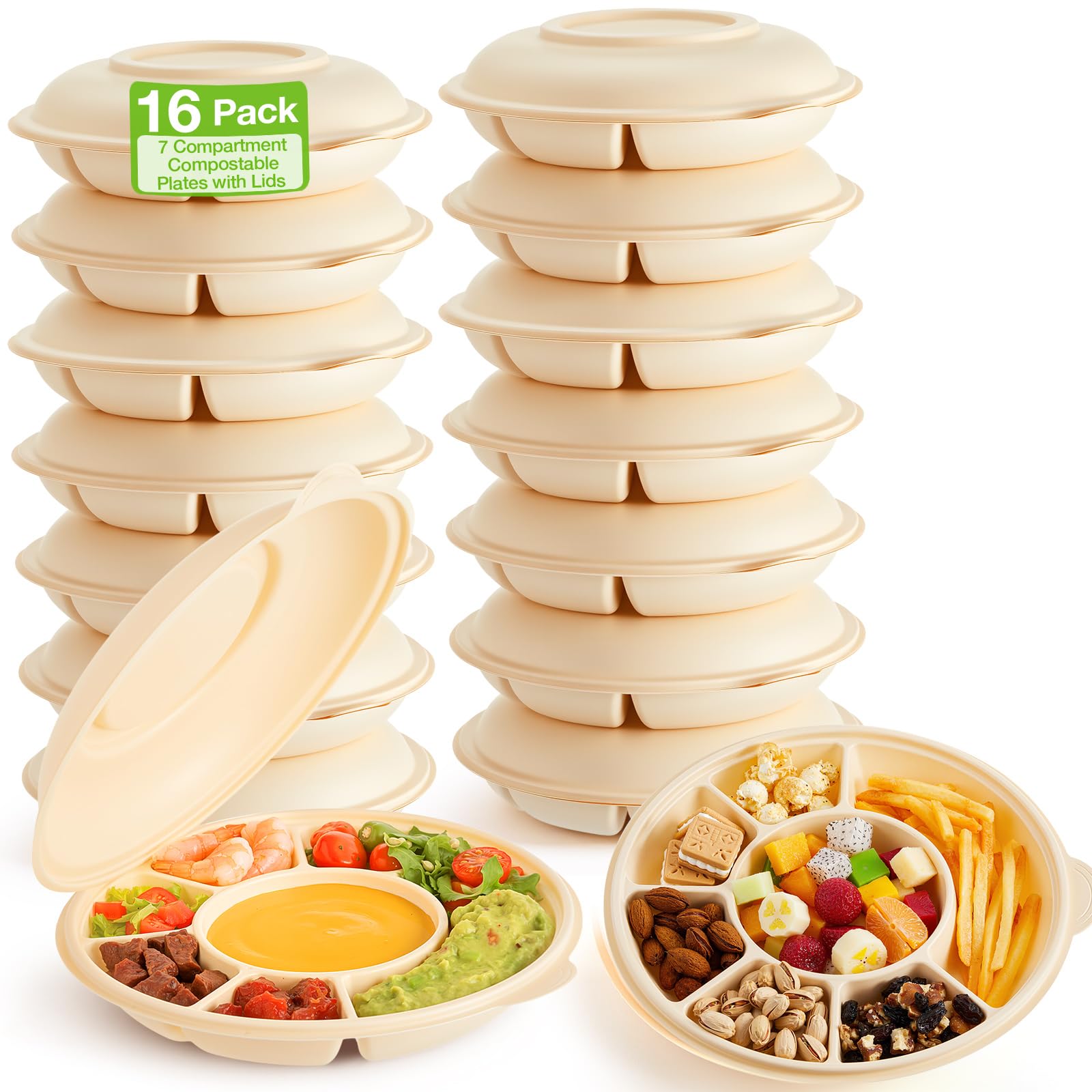 Havawish 16 Pack(32 Pcs) 7 Compartments Compostable Plates with Lids
