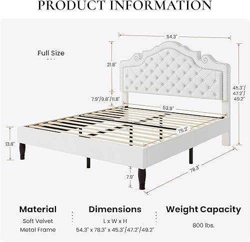 Miniatura 18 de SHA CERLIN Base de cama Queen con cabecera ajustable, tapizado de terciopelo, botón de diamante y tachuelas de metal, no necesita somier, soporte de