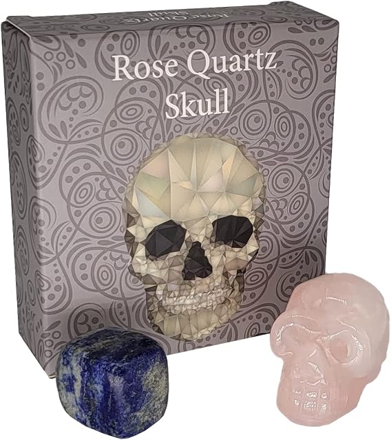 Rose Quartz Skull with *Extra* Chakra Crystal & Gift Box. Crystal 1½ Inch Skull with Tigers Eye, Turquoise, Amethyst, Lapis Lazuil, Clear Quartz or Other Crystal. Head Statue Ornament & Figurine.