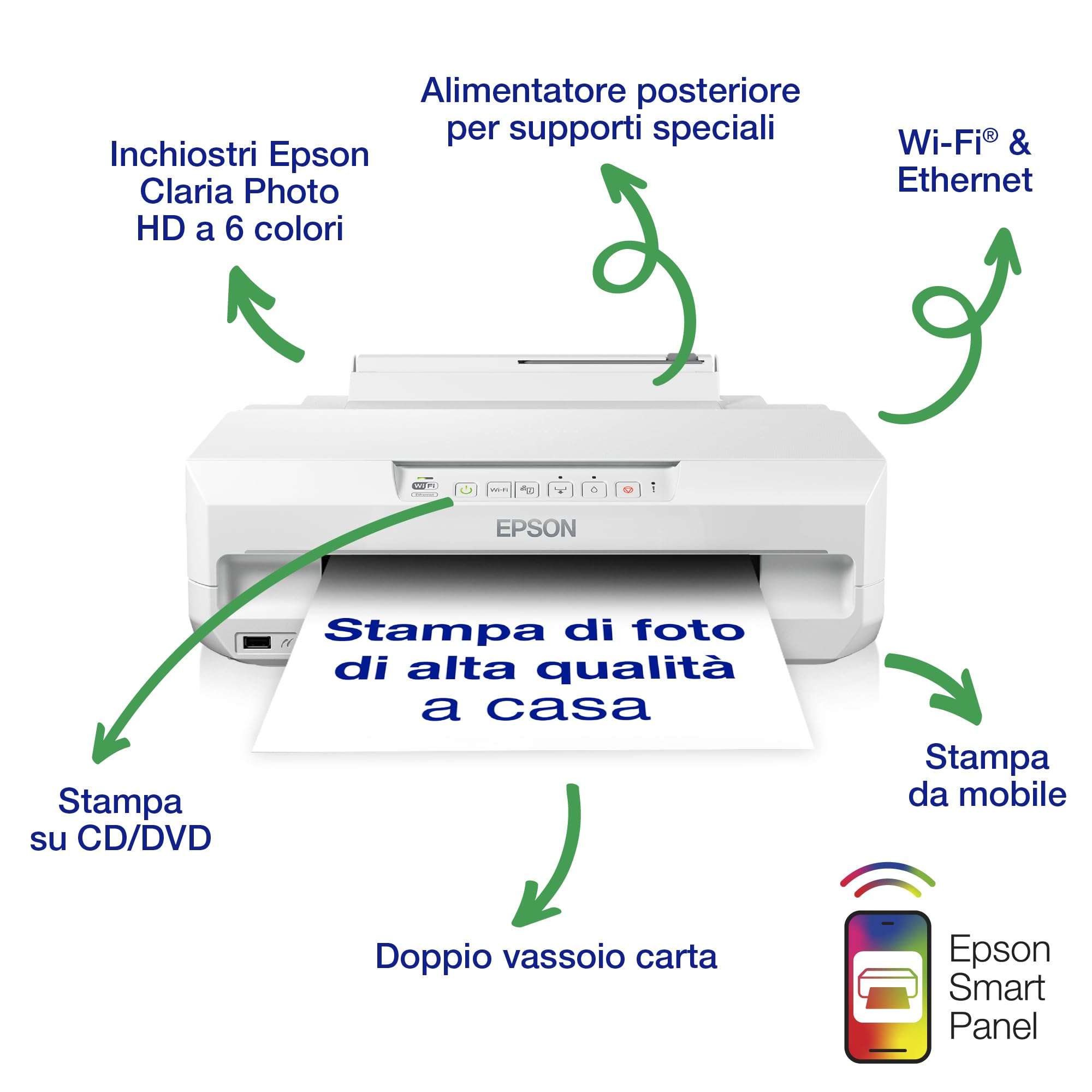 Epson Expression Photo XP-65 Stampante fotografica,Stampa fronte/retro in A4 anche da mobile,Inchiostri Claria Photo HD a 6 colori,Stampe che durano a lungo,Wi-Fi e Wi-Fi Direct,Doppio vassoio carta