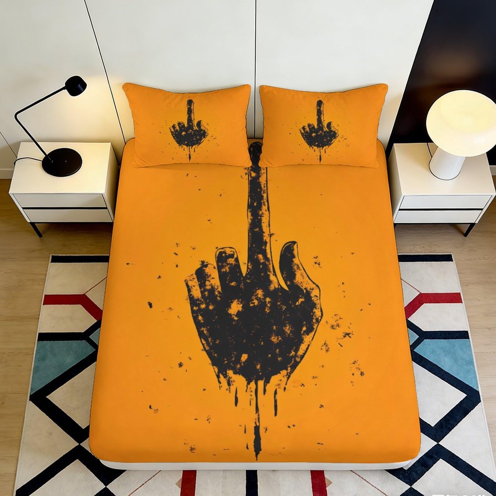 3D Printed Graffiti Hand Orange Fitted Sheet Microfiber Artistic Bed Sheet for Bedroom Dorm Mattress Protection Decor 90x200x25cm