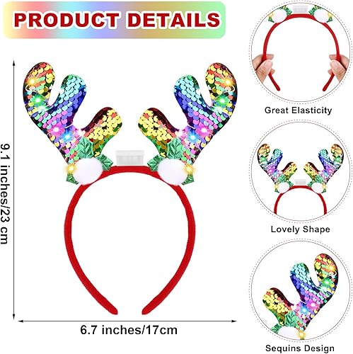 Miniatura 3 de Aneco 8 diademas de Navidad iluminadas con luces LED de reno, diademas de Navidad con cuernos de Navidad para suministros de Navidad