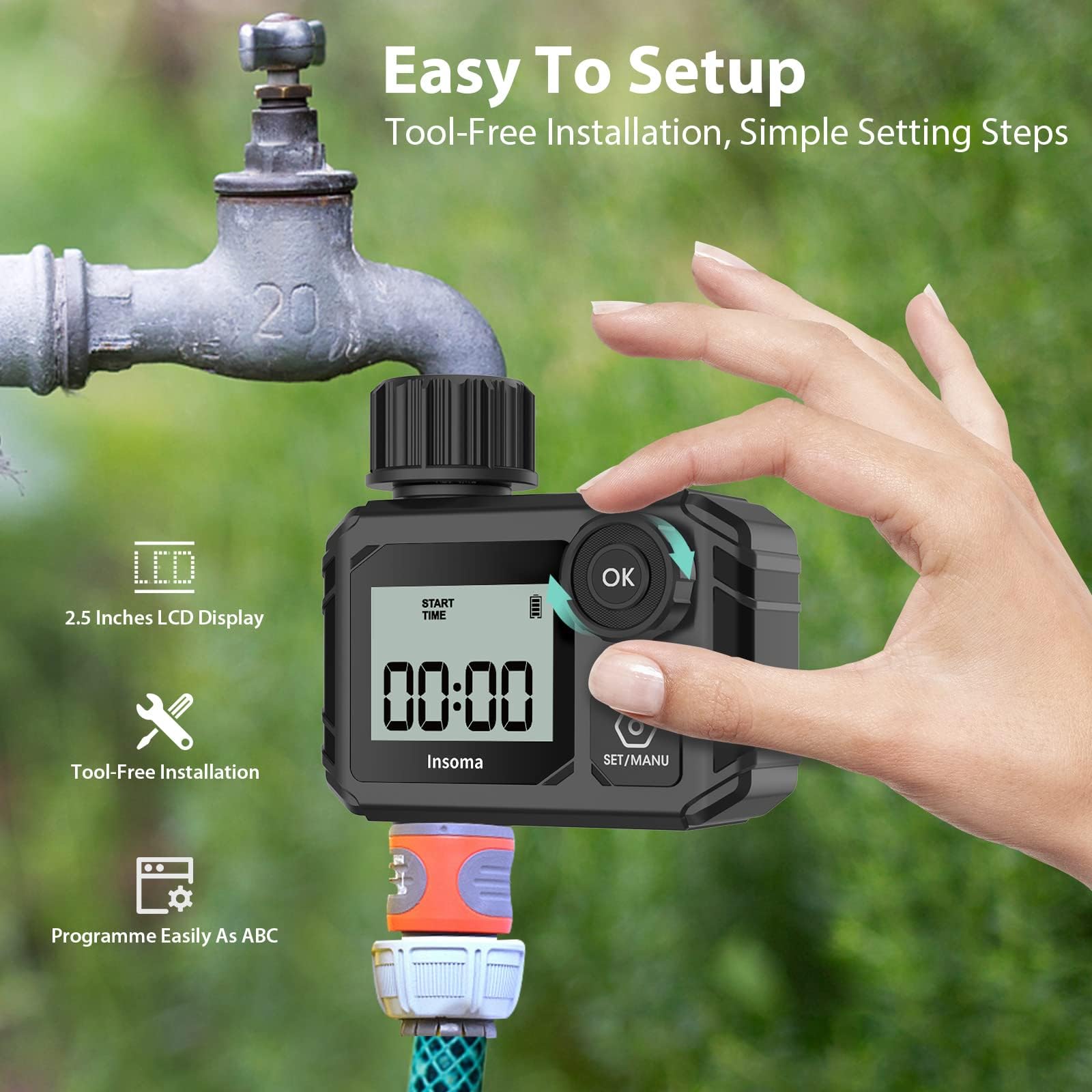 Timer per Tubo dell'Acqua da Esterno - Timer di irrigazione programmabile con irrigazione Manuale Ritardo Pioggia Ip55 Impermeabile per Rubinetto Prato Yard