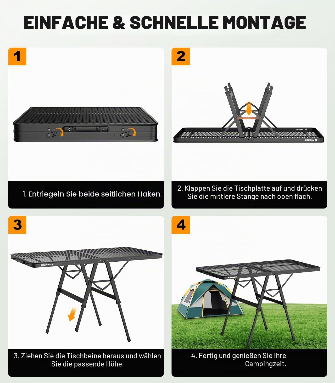 Raynesys Klappbarer Grilltisch mit Mesh-Tischplatte, Höhenverstellbarer Faltbarer Campingtisch aus Metall, Tragbarer Grillwagen für Outdoor, Camping, BBQ, Picknick, Strand, Wohnmobil, 47,24" x 23,62"