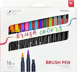 Caneta Ponta Pincel, Newpen, Brush Pen, Newpen, 15 Cores + 1 Blender, 16 unidades