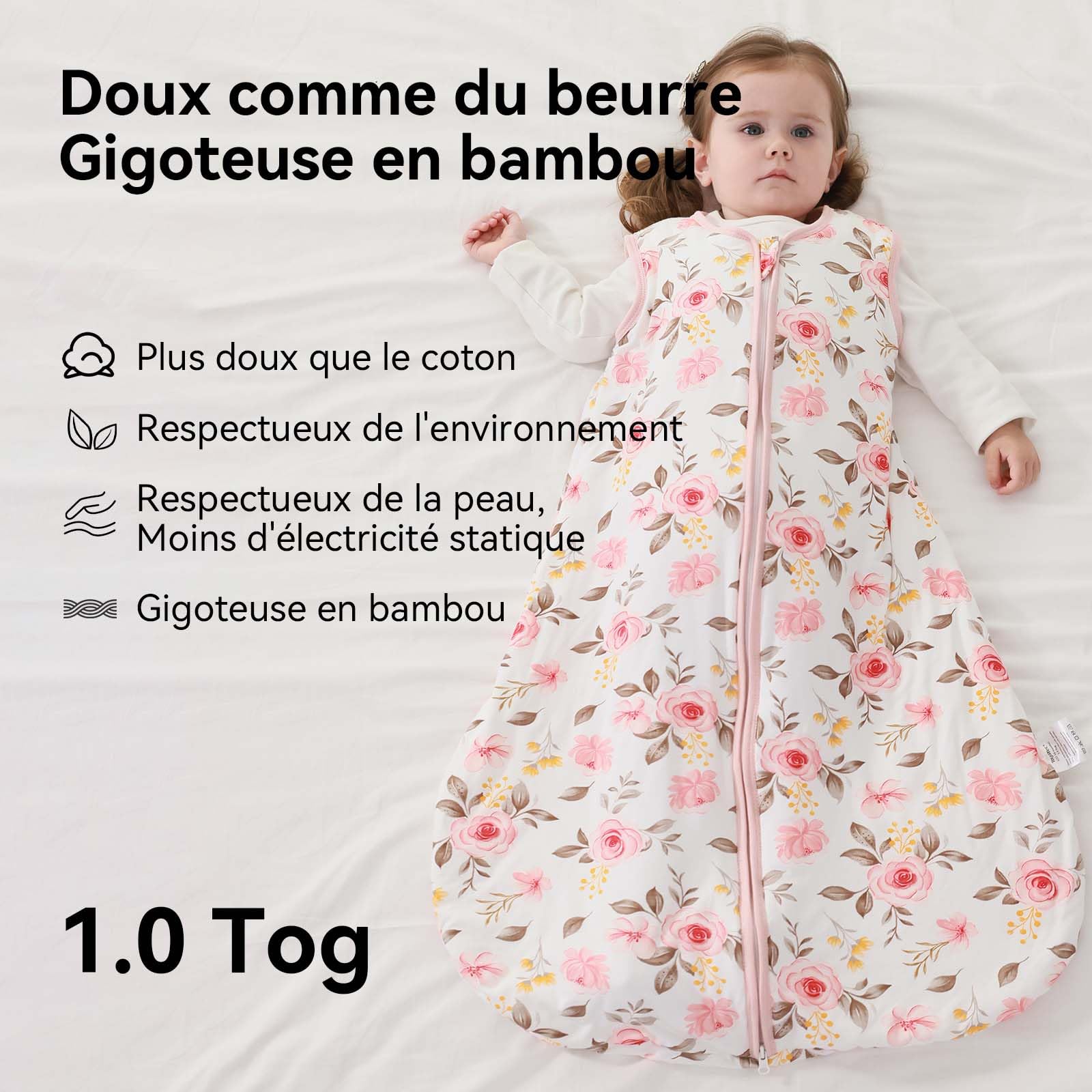Gigoteuse pour bébé 1.0 Tog, lot de 2, en rayonne ultra douce fabriquée à partir de bambou, sac de couchage en fibre de bambou biologique pour bébé, idéal pour toutes les saisons(Rose,M)