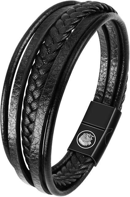 Mens Leather Bracelet  Classic Handmade Braided Black & Brown Cuff Bracelet with Engraved Magnetic Clasp Free Jewelry Gift Boxed