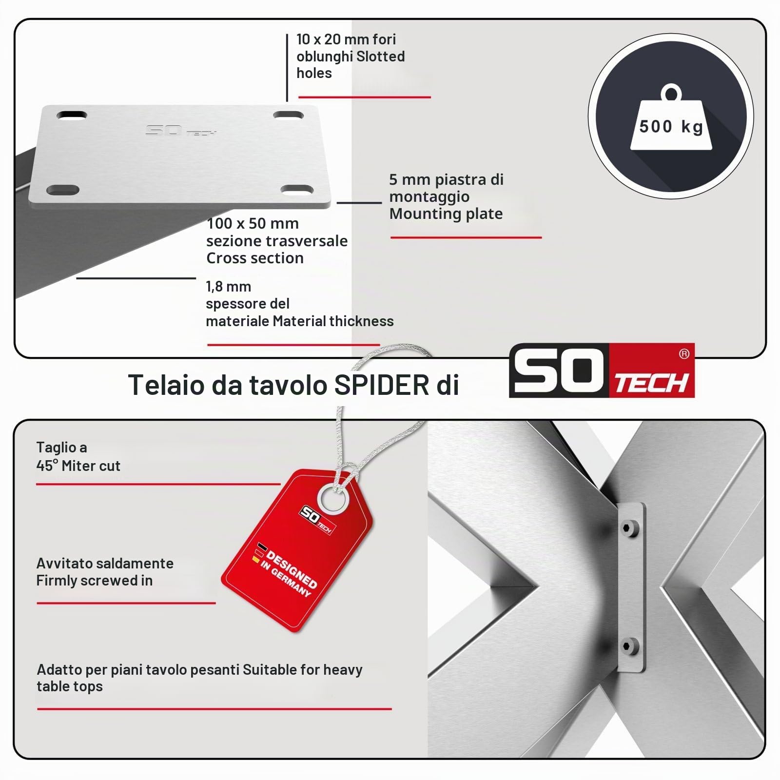 SOTECH struttura del tavolo SPIDER/Gambe del tavolo pesanti in acciaio inox spazzolato/Gambe del tavolo 710 x 1500 x 780 mm/Montaggio facile