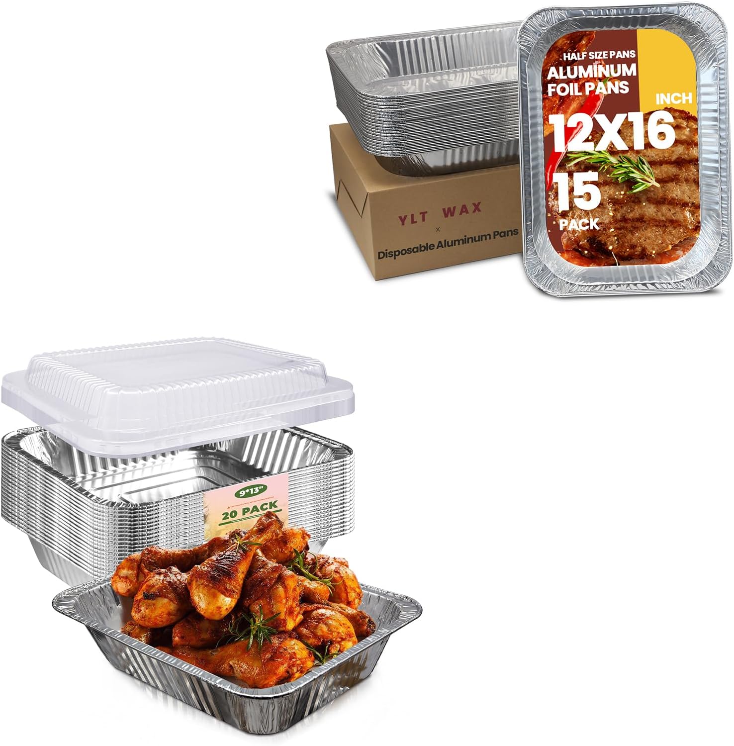 YLT WAX 20 Pack 9x13 Square Aluminum Pans With Lids and 12x16 Full Size Large Aluminum Pans