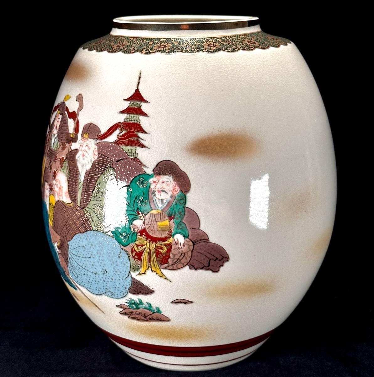 九谷焼 七福神 壺 ツボ 貫入 花瓶 花器 フラワーベース 恵比寿 大黒天