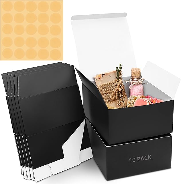 Belle Vous Black Kraft Gift Boxes (10 Pack) - Box Measures 20 x 20 x 10cm (7.87 x 7.87 x 3.94 inches) - Easy Assemble Square Presentation Favour Present Box - Parties, Birthdays, Weddings, Holidays