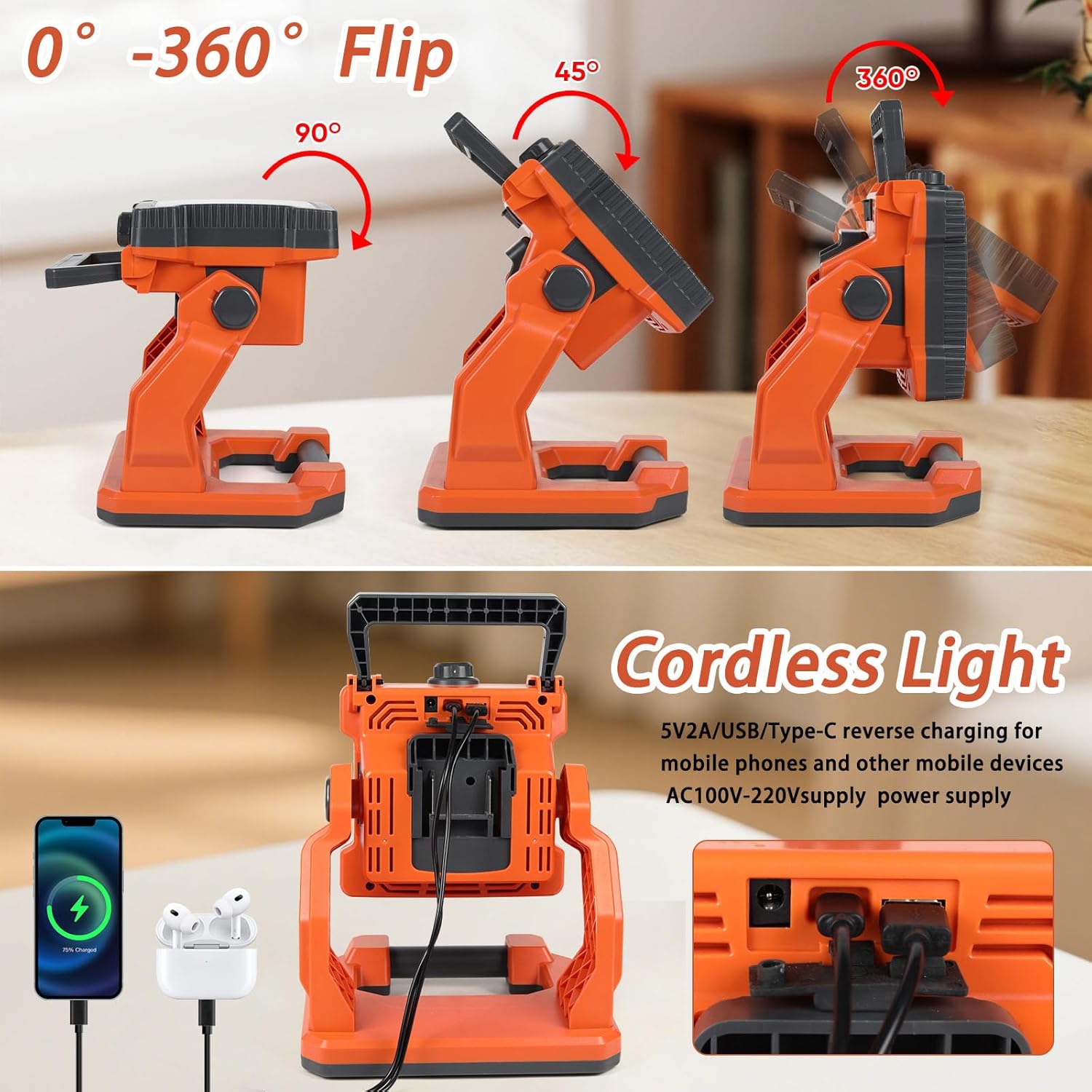 【72w・6500k・10000LM】 Cordless LED Work Light Compatible with Dewalt 20V Battery, 10 Inch Compact Flood Light AC Powered Floodlight with USB A/Type C Charging for Emergency, Outdoor (Bare Tool Only)