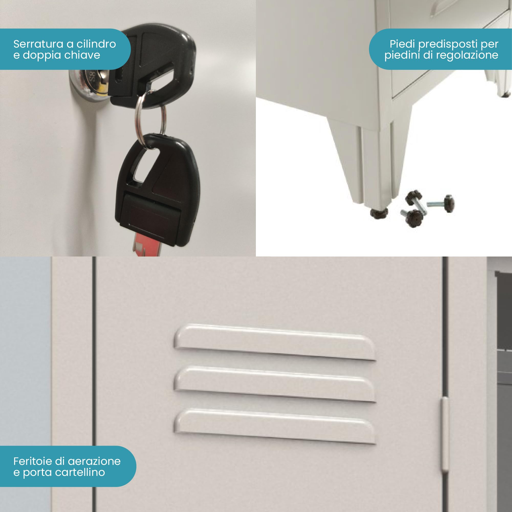 XLOCKERS Armadio Spogliatoio Monoblocco Sovrapposto in Metallo Robusto, 2+2 posti con Divisorio Sporco/Pulito, 61.5x50x180cm, Grigio RAL 7035, Made in Italy