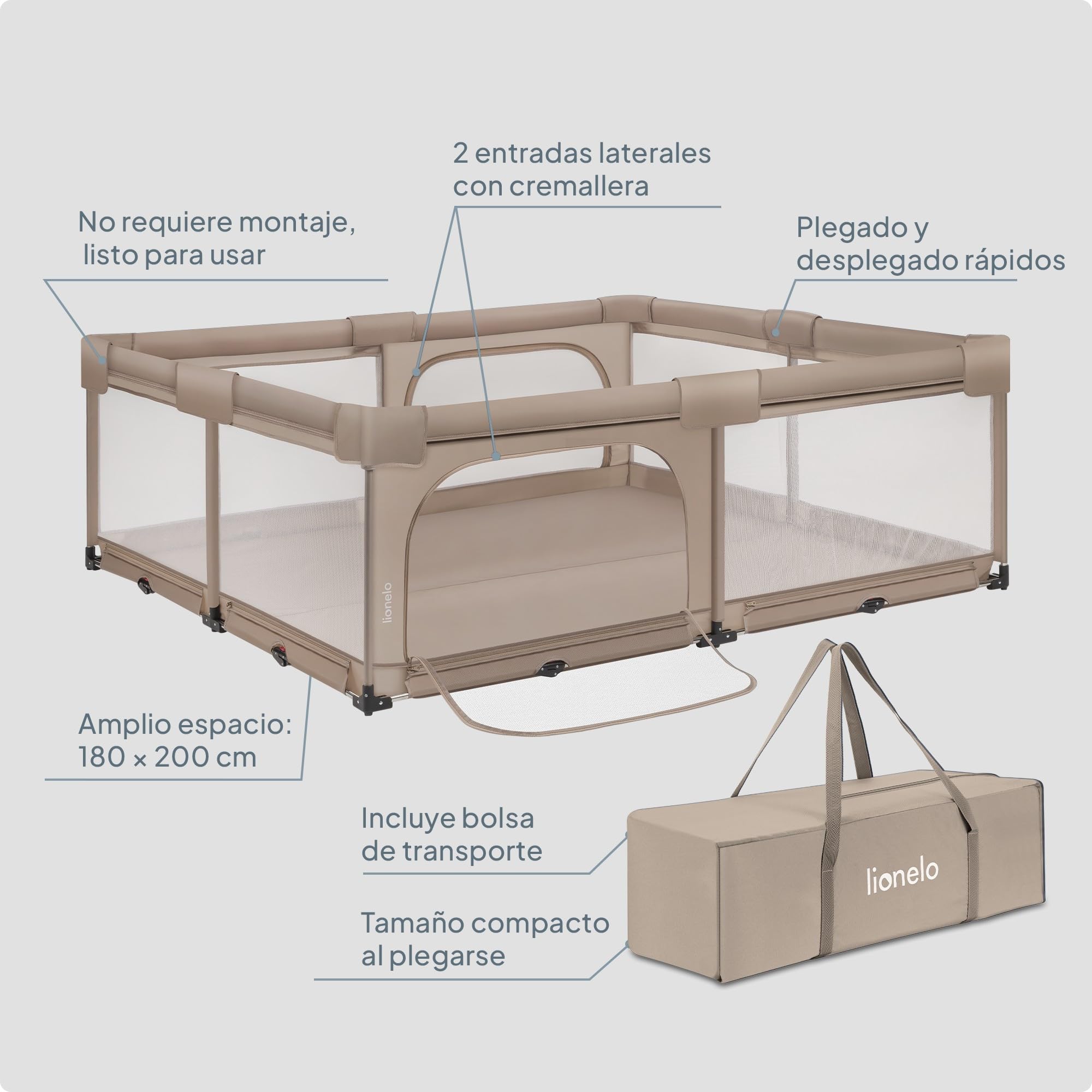 Lionelo Florence XL Easy Fold Parque Infantil Bebé Plegable, Corralito Bebé XL con Rejilla Transpirable, sin Montaje, 2 Entradas con Cremallera, Bordes Acolchados y Fácil de Limpiar, 180 x 200 cm — view 9