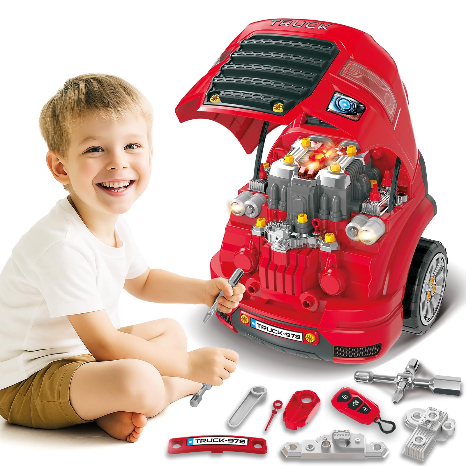 Sponsored Ad – Large Truck Engine Toy, Kids Mechanic Repair Set for 3-8 Year Old Boys, Play Trucks, Lights, Sounds, Take Apart Pretend Play Car Service Station