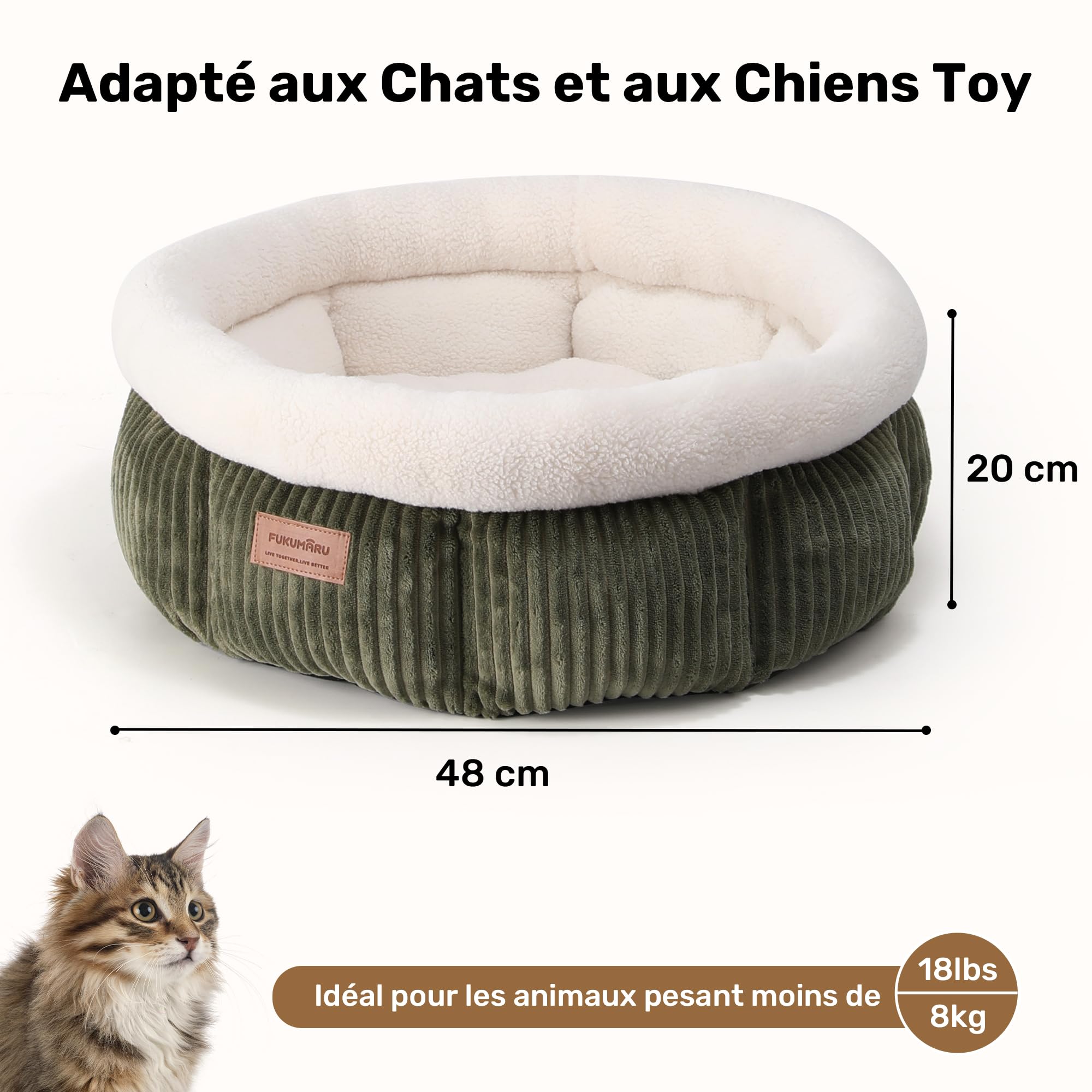 FUKUMARU Lit pour Chat, Panier Rond en Cordon d'Intérieur, Panier Lavable pour Chiot, Lit Doux et Mignon pour Petit Chien, Vert