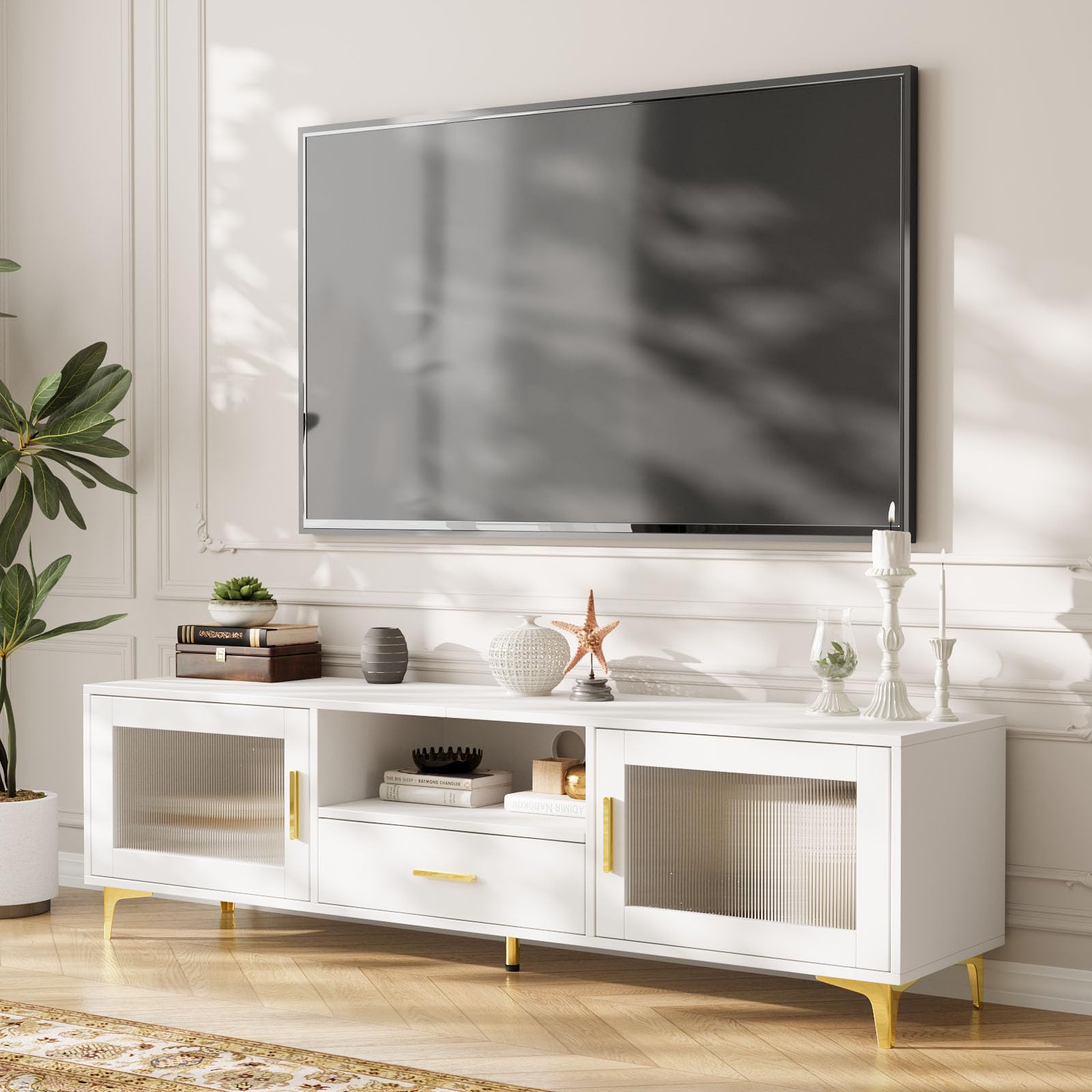 VOWNER Mobile TV, TV Basso fino a 65", Mobile TV con Vano Portaoggetti Aperto, Tavolo TV con Cassetti, Adatto per Coggiorno e Camera da Letto, 150 x 35 x 43 cm, Bianco
