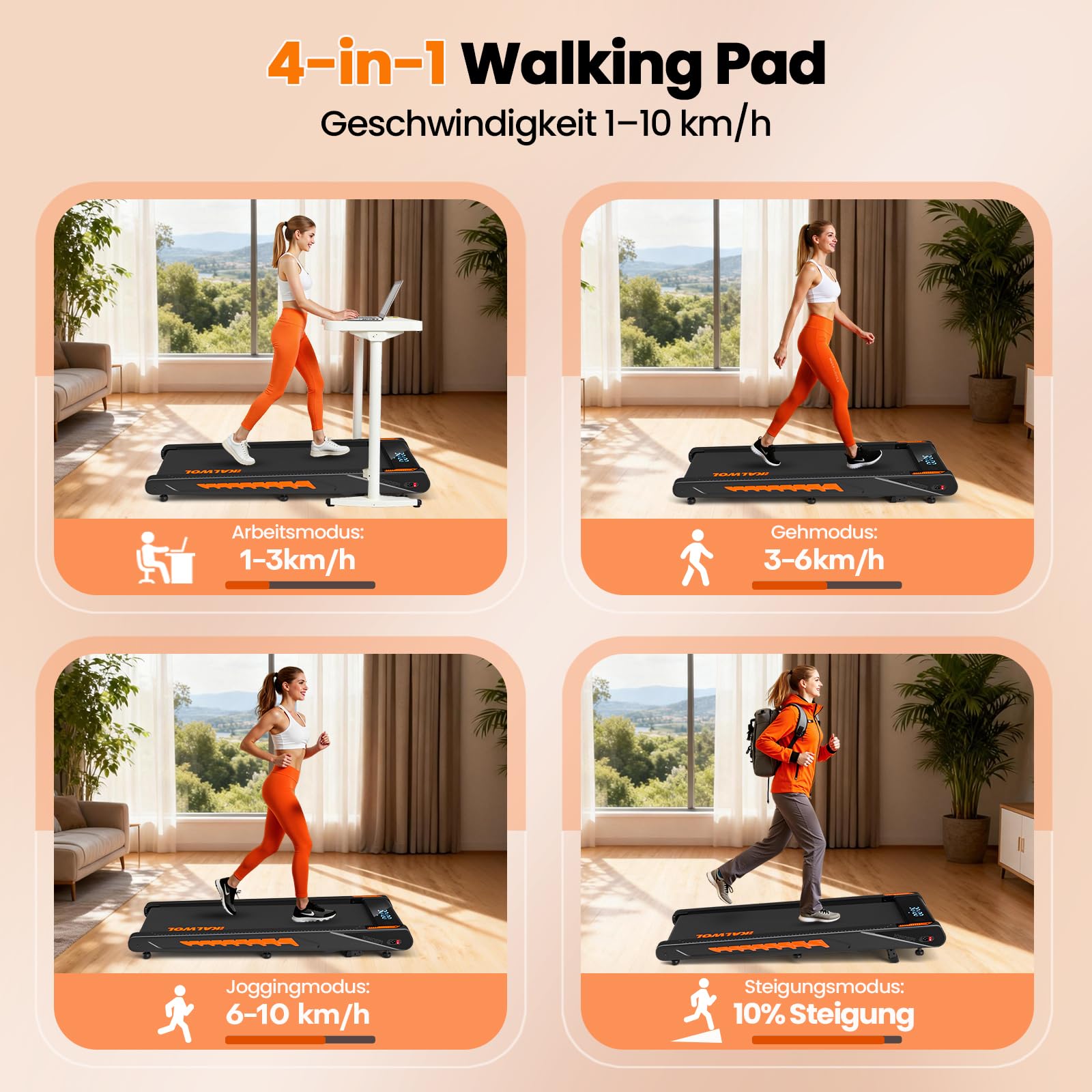 Walking Pad mit Bluetooth Lautsprecher, 4 in 1 10km/h Laufband für Zuhause mit 10% Steigung, 2,75 HP bürstenloser Treadmill für Zuhause & Büro mit LED-Display, 12 HIIT-Programme, Bis 160 kg