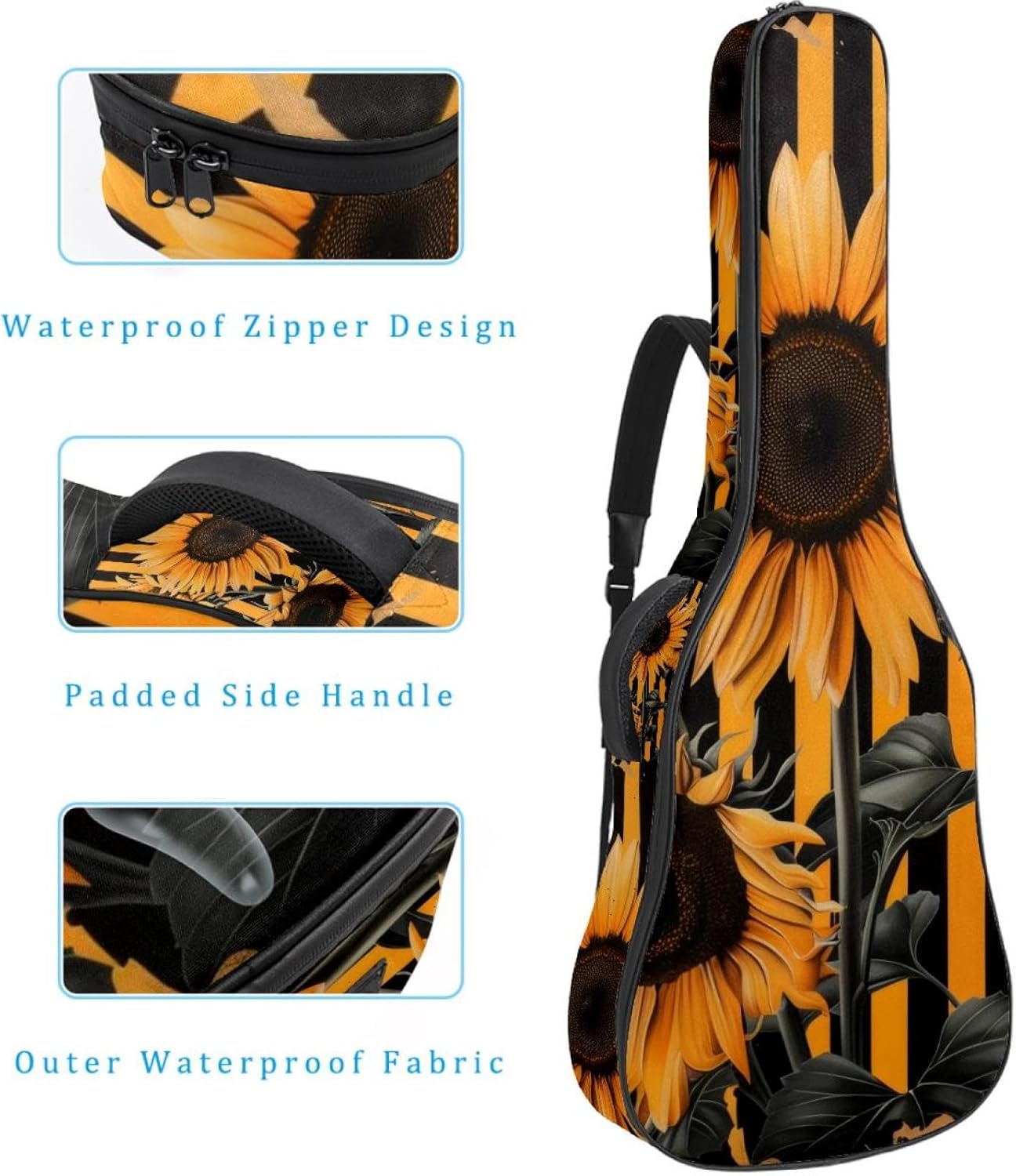 40 41 42 Inch Guitar Bags, Waterproof Padded Acoustic Guitar Case Backpack with Adjustable Shoulder Strap & Pockets, Sunflowers with Black and Yellow Stripes