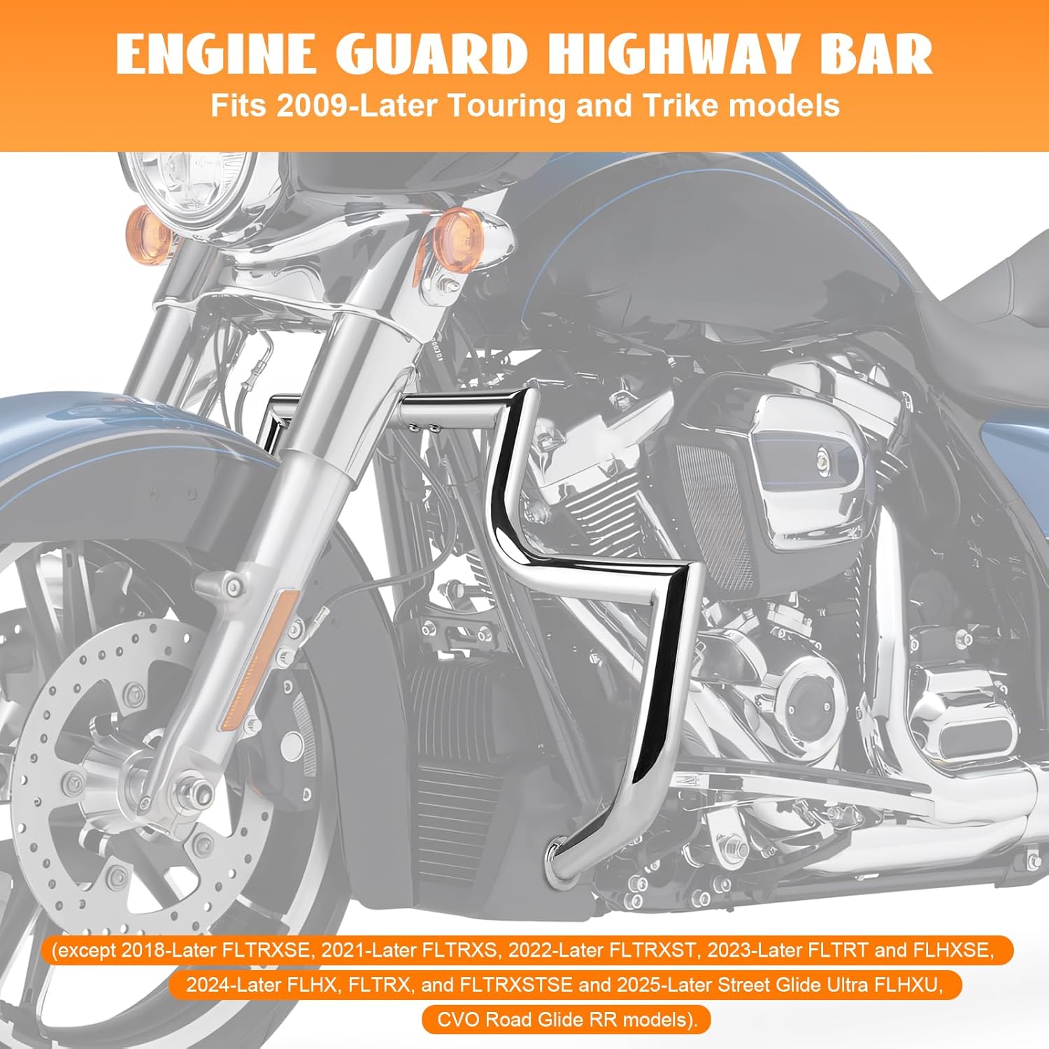 Crash Bar Engine Guard Front Highway Flat-Out Bars Chrome Fits 2009-2026 Harley Touring CVO Road Glide FLTR Road King FLHR Street Glide FLHX Electra Glide Ultra Classic Freewheeler Trike Models