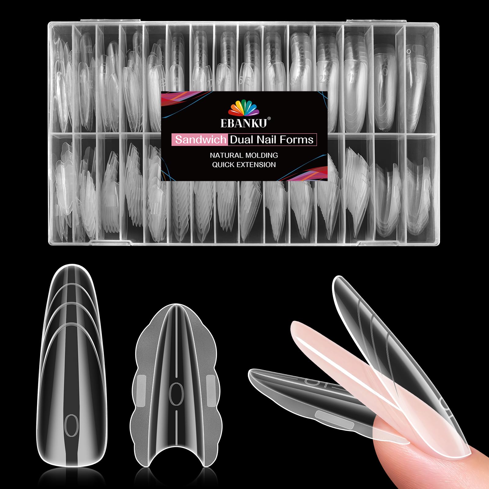 EBANKU 280PCS Sandwich Moldes Uñas, Transparent Top & Bottom Dual Nail Forms Stiletto Moldes Polygel Acrilicas Uñas Postizas para Herramientas de Manicura de Extensión — view 9