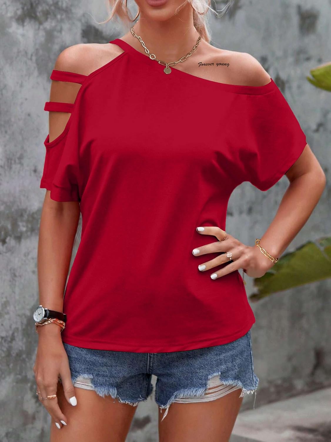 LilyCoco Women's Off The Shoulder Top Short Sleeve Cutout Asymmetrical Neck T Shirt - Image 5