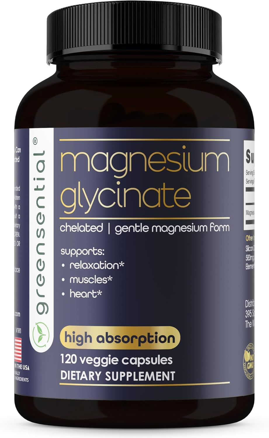 Greensential Pure Magnesium Glycinate | 4-Month Supply, 1 Capsule per Serving | Made in USA | Supports Sleep, Muscle & Heart Health | 100% Chelated, Heavy-Metal Tested, Vegan, 120 Capsules