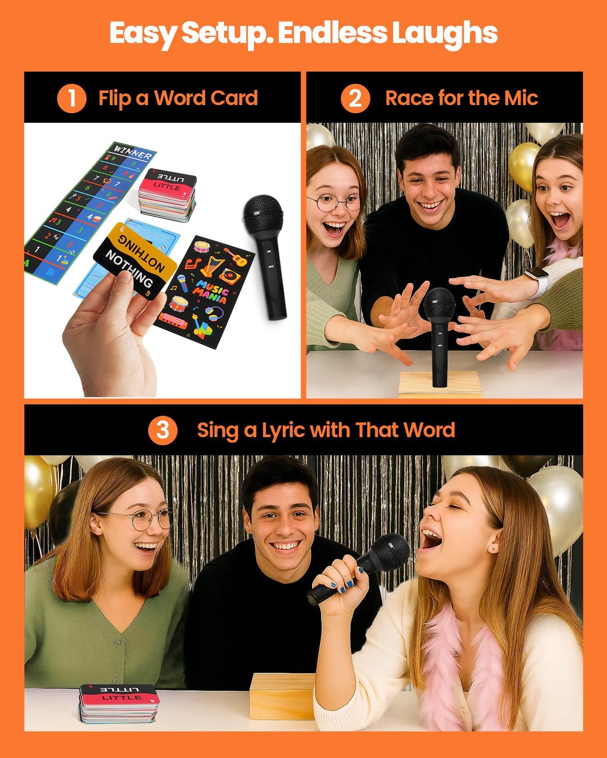Grab Microphone Music Board Game, Pass The Mic with 280 Song Lyrics (140 Cards) and 10 Blank Cards, 2-10 Players Karaoke Party Game for Family, Fun Misheard Lyrics Music Hilarious Games