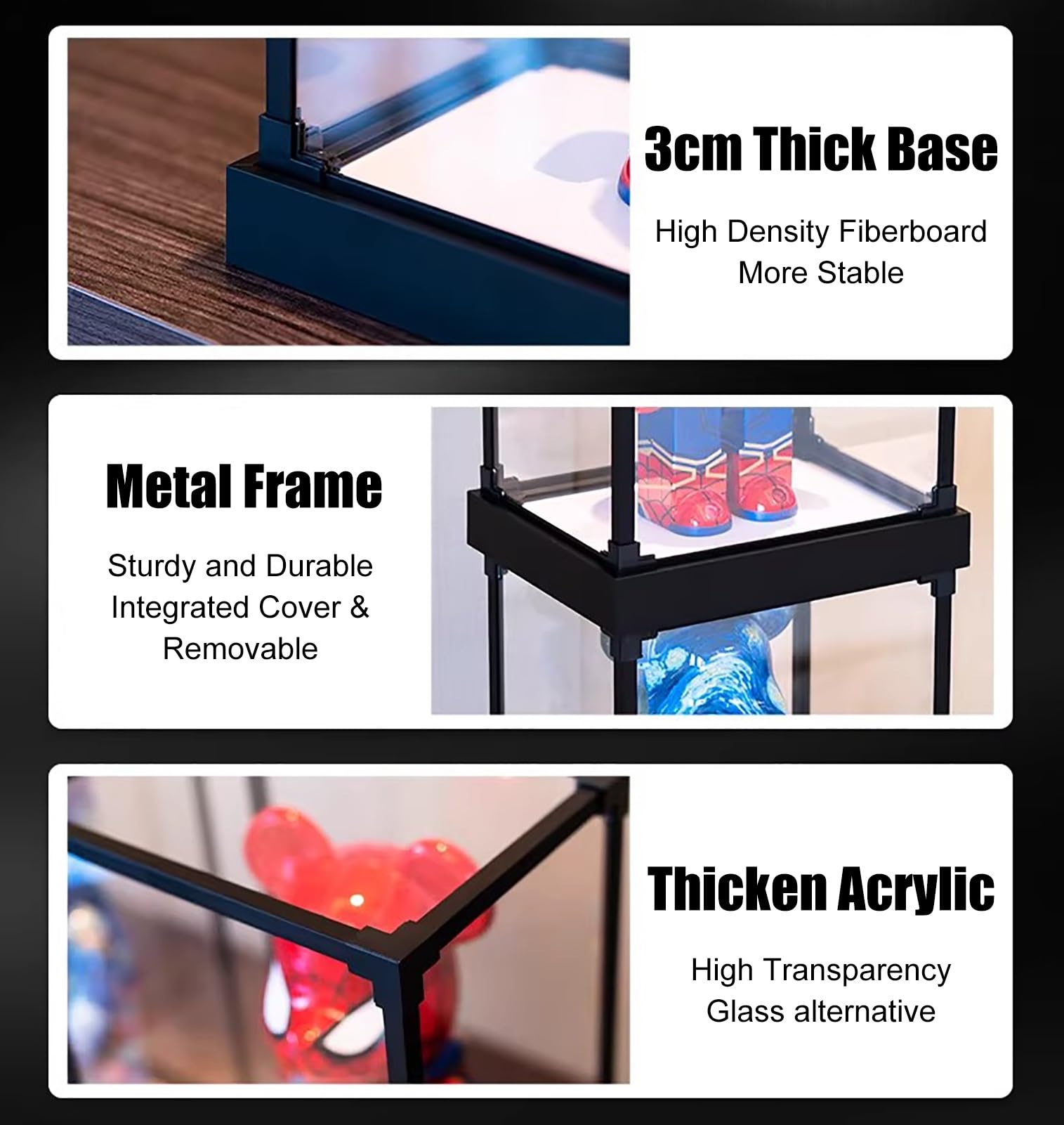 Cajas de Metacrilato Vitrina Acrílica Apilable, con Estructura Metálica Negra y Compartimentos Transparentes a Prueba de Polvo, Grande para Objetos Colección(15x15x15cm(6x6x6in))