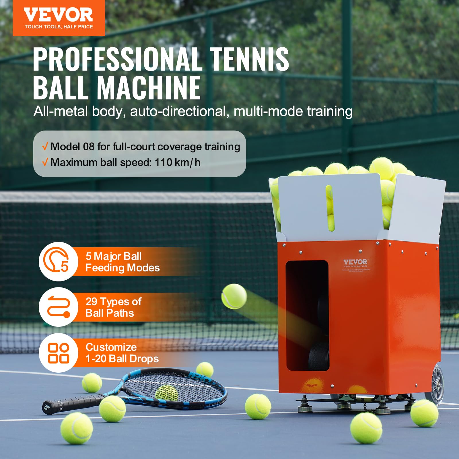 VEVOR Tennis Ball Machine, Automatic Portable Tennis Ball Launcher, 100 Balls Tennis Training Practice Thrower, 5 Motors Multi-Mode Drills, 2+ Hours Play, Rechargeable Battery, App Remote Control