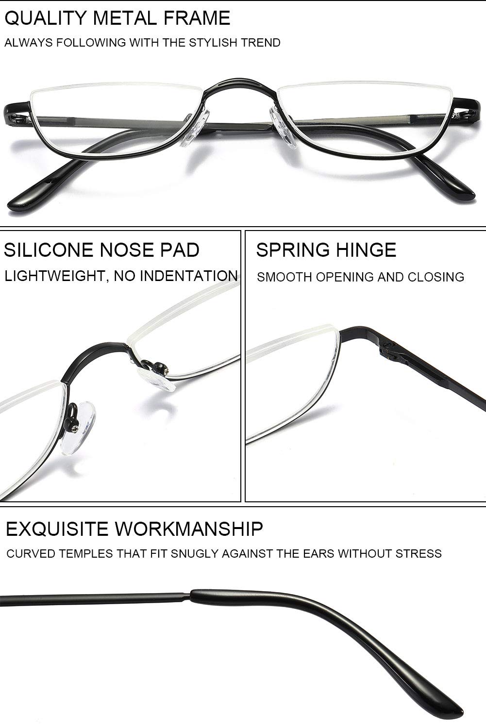 VEVESMUNDO Half Moon Reading Glasses Metal Spring Hinges Metal Semi Half Lens Frame Readers for Men Women - Image 4