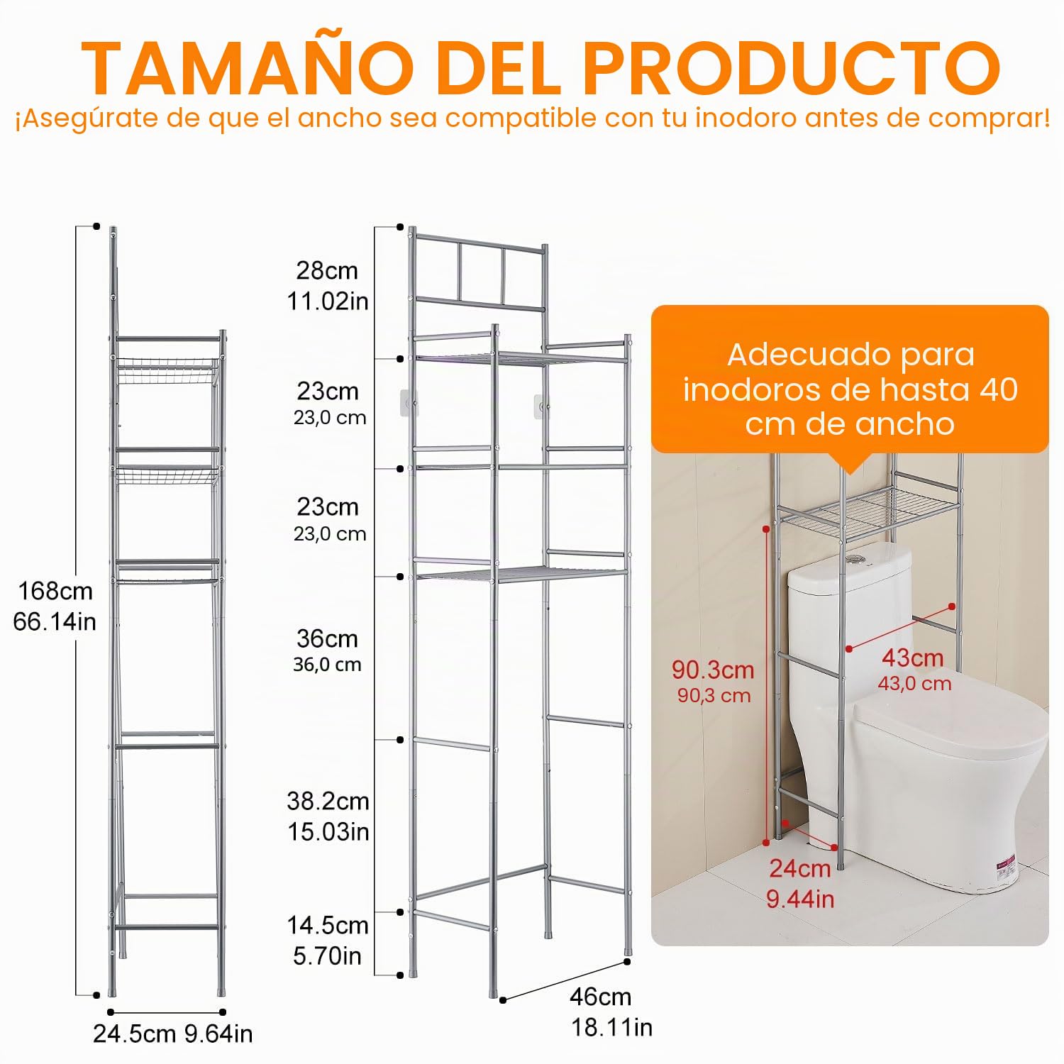 Estanteria Baño Encima WC, Mueble Sobre Inodoro de 3 Niveles, Estanteria Sobre Inodoro Independiente de Metal, Organizador de Baño Ahorra Espacio, Fácil de Montar para Baño, Lavandería, Gris