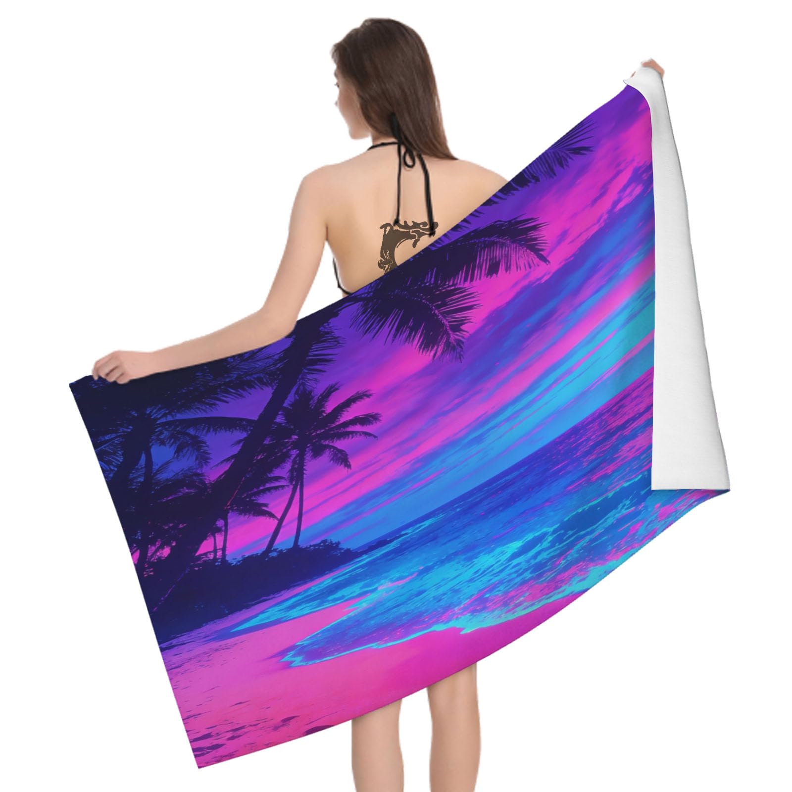 Leichong 3D Cyberpunk Beach Beach Towel Large Microfiber Soft Quick Dry for Adults, Tropical Landscape Bath Towel Lightweight Soft Absorbent for Travel Swimming Pool Sports, 80 x 160 cm