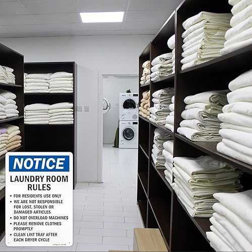 Miniatura 10 de SmartSign Letrero de metal con texto en inglés "Notice - No Overload, Remove Promptly, Dispose Detergent, Clean Lint, No Sitting", 14 x 10 pulgadas,