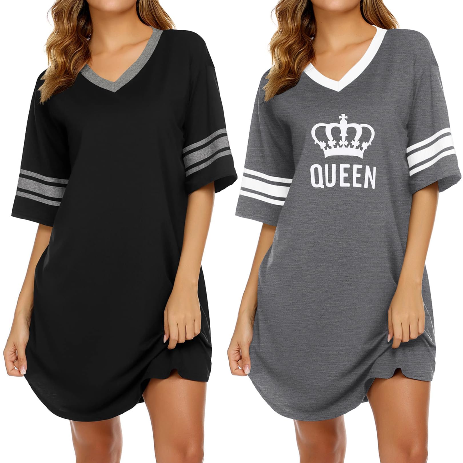 Ekouaer 2er Nachthemd Damen Kurzarm Schlafshirt Kurz V-Ausschnitt Sleepshirt Lose Schlafkleid Nachtwäsche S-XXL
