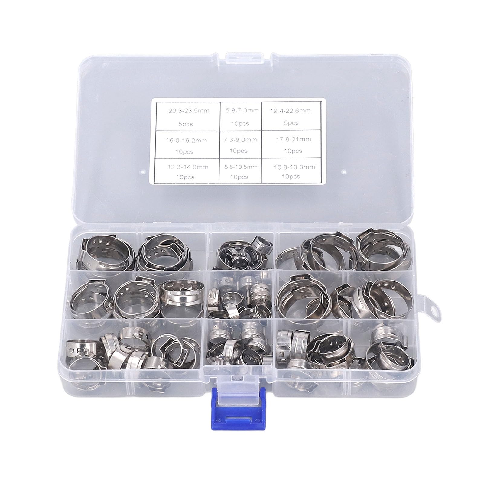 DUIMIMI 80Pcs Stainless Steel Single Ear Hose Clamps Set with Pliers, Pipe Clamps Assortment for Automotive, Marine, Industrial Use, Includes 9 Sizes & Storage Box