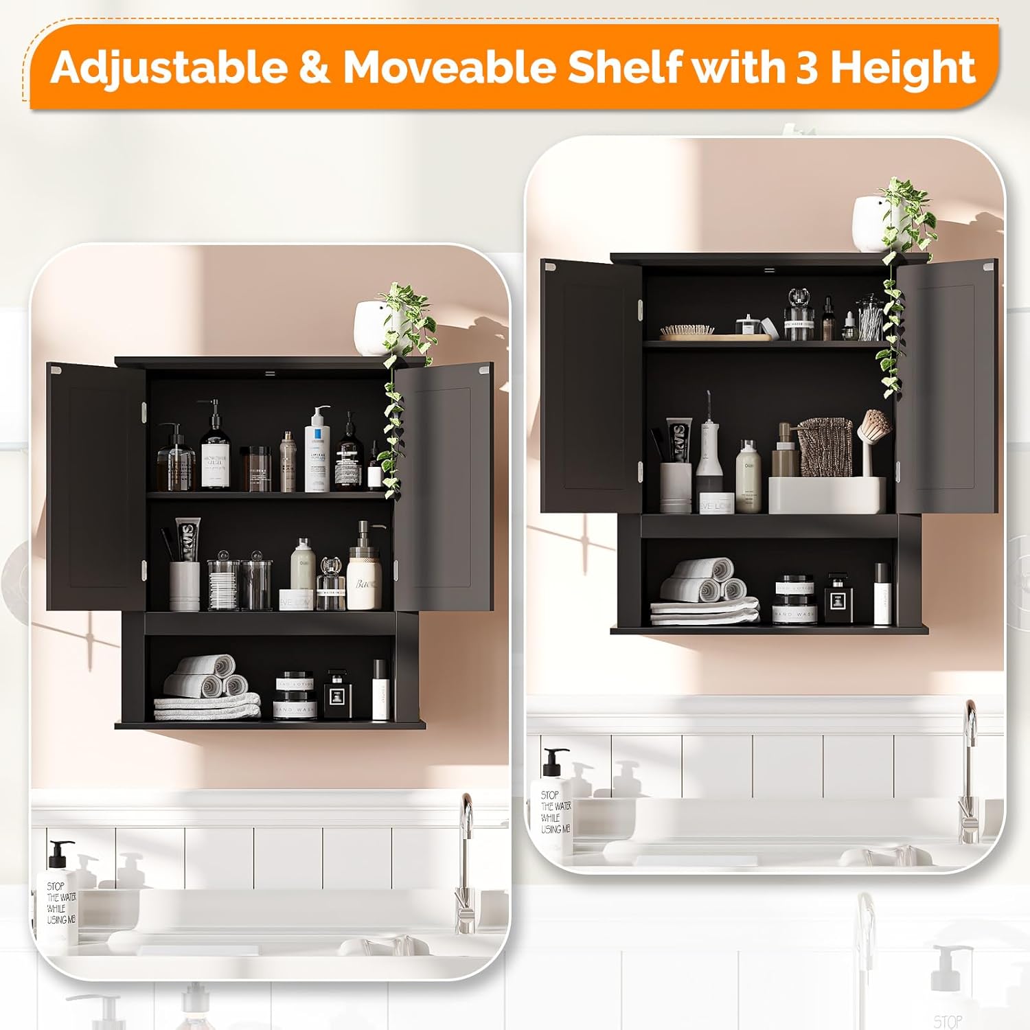 VINGLI Bathroom Wall Cabinet, Black Medicine Cabinet with Open Shelf & 2 Doors, Adjustable Hanging Storage Organizer Over Toilet, Wooden Cupboard for Kitchen Laundry Room Entryway