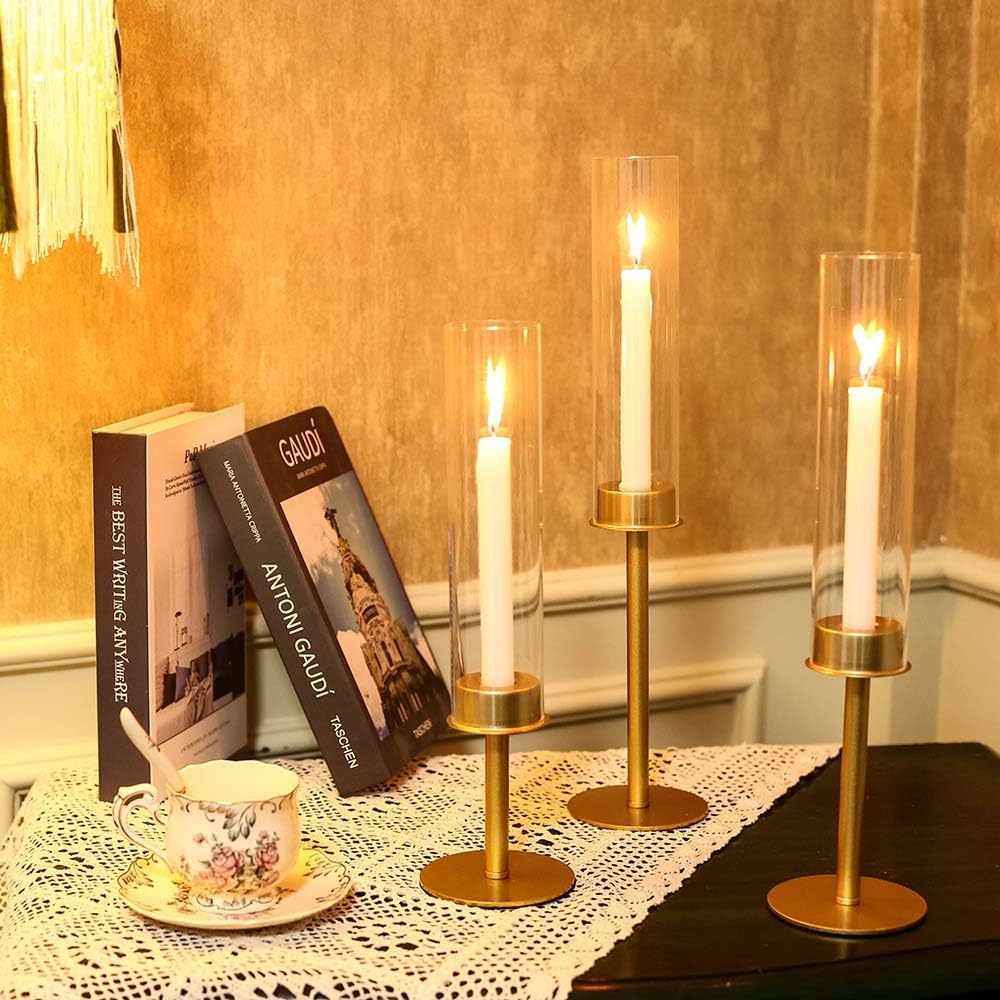 Gold Hurricane Candle Holders 3pc,Taper Candle Holders Candlestick Holders Wedding Table Centerpiece Decoration Christmas Party