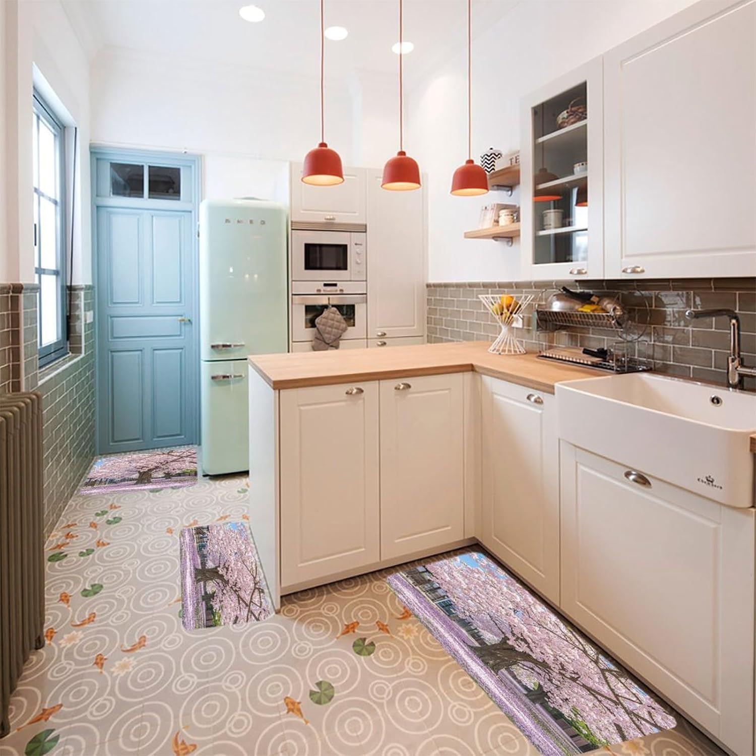 Cherry Blossom Kitchen Rugs Sets of 3 Washable Non Slip Kitchen Rug Water Resistant Carpet Piece Anti Fatigue Kitchen Mats Soft Comfort Standing Mat Modern Area Rug