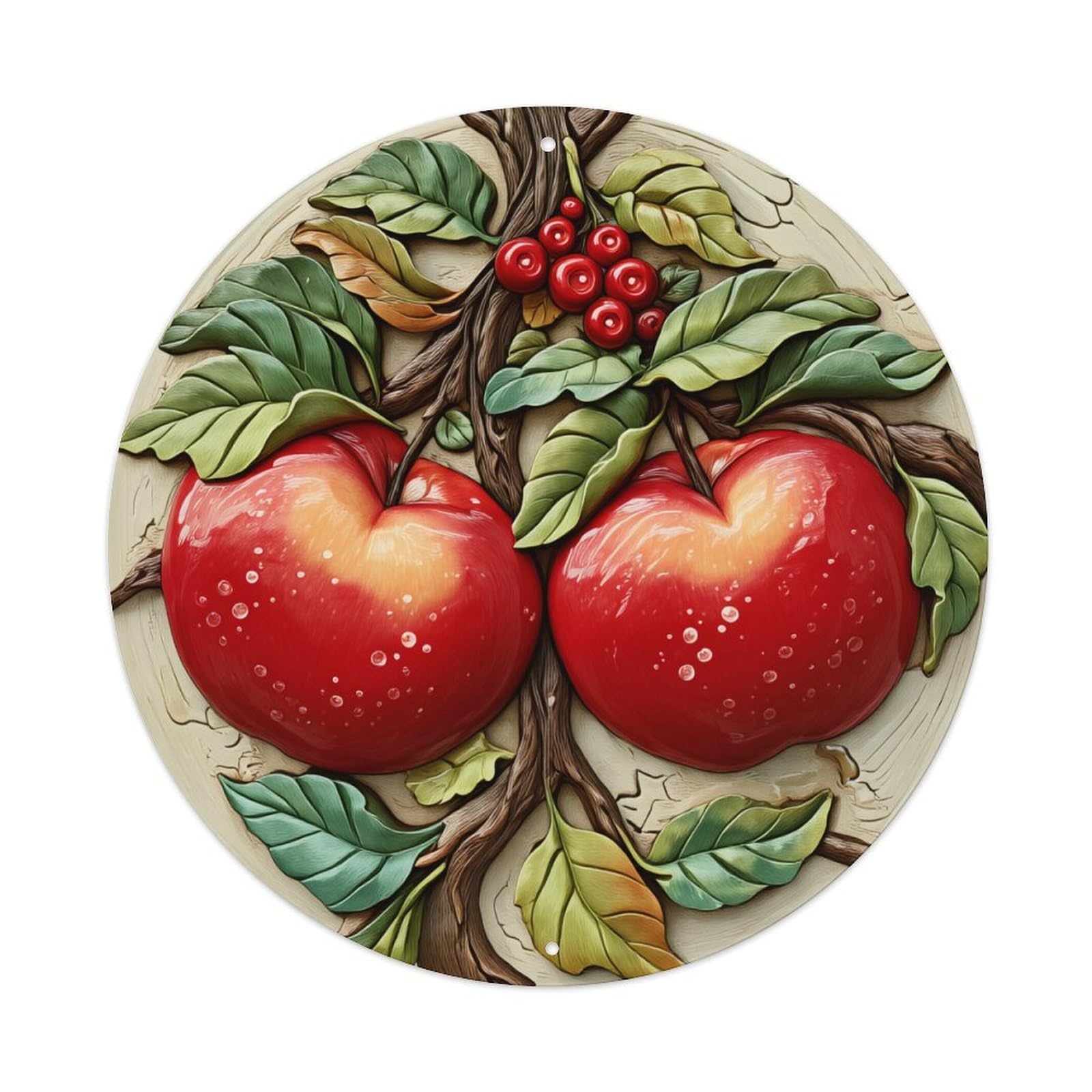 Apple Tree With Berries And Leaves Round Tin Sign Vintage Metal Poster, Home Bar Garage Man Cave Cafe Indoor & Outdoor Wall Decoration 8x8Inches