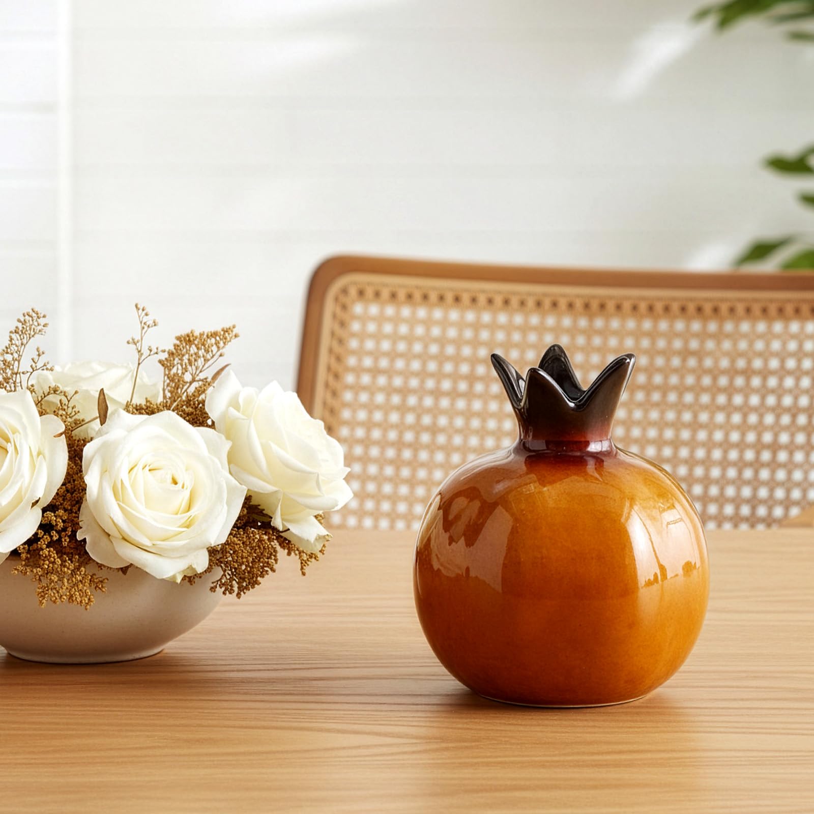 GREENSAPPIRE Flower Vase Ceramic Pomegranate Vase Decorative Ornament, Glossy Fruit Shape Flower Vases for Tabletop, Shelf & Kitchen Décor, Unique Home Accessory Gift (Brown)
