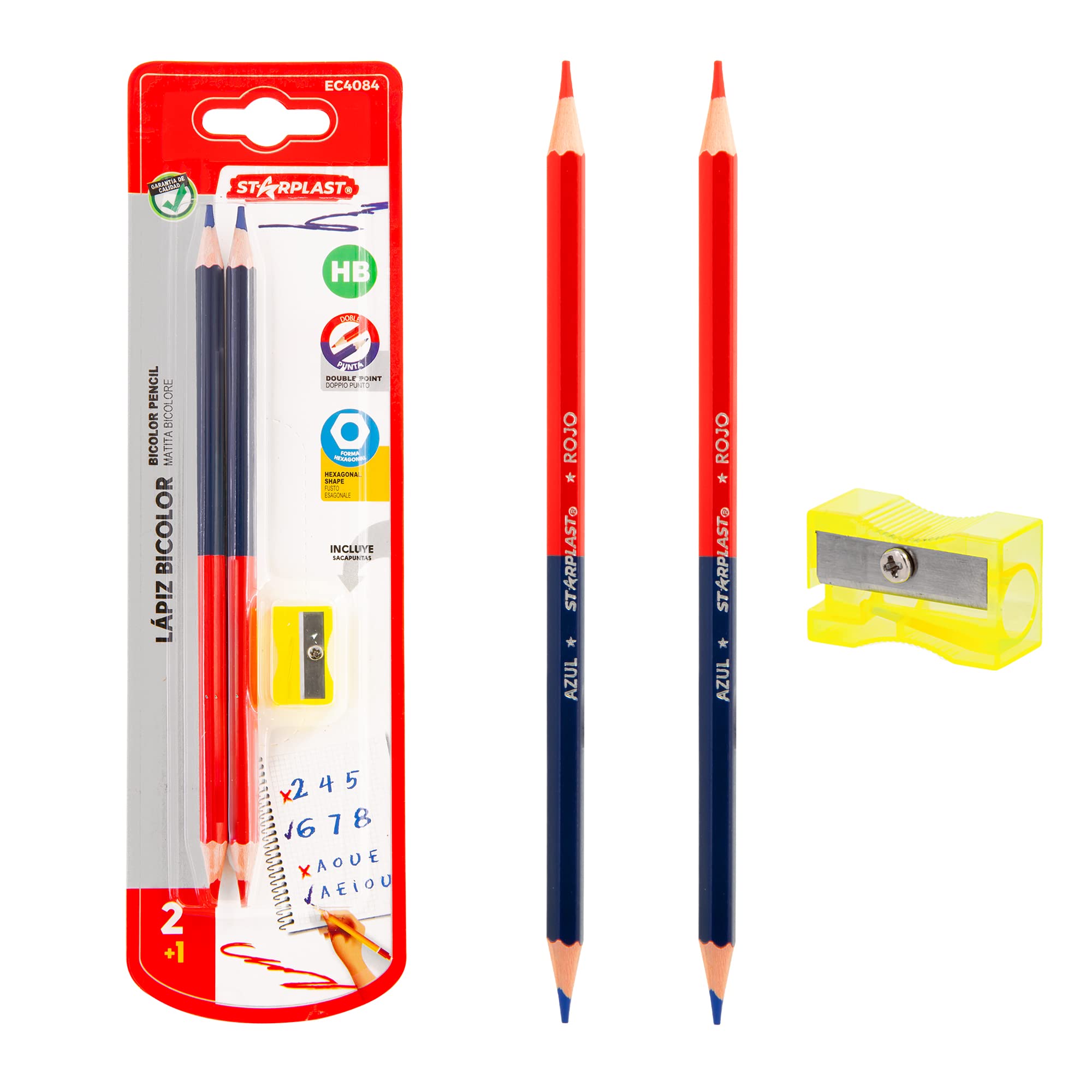 STARPLAST Set Scrittura HB: 2 Matite Nere Con Gomma E Temperamatite, Mina HB Resistente, Forma Circolare, Ideale Per Scuola E Ufficio