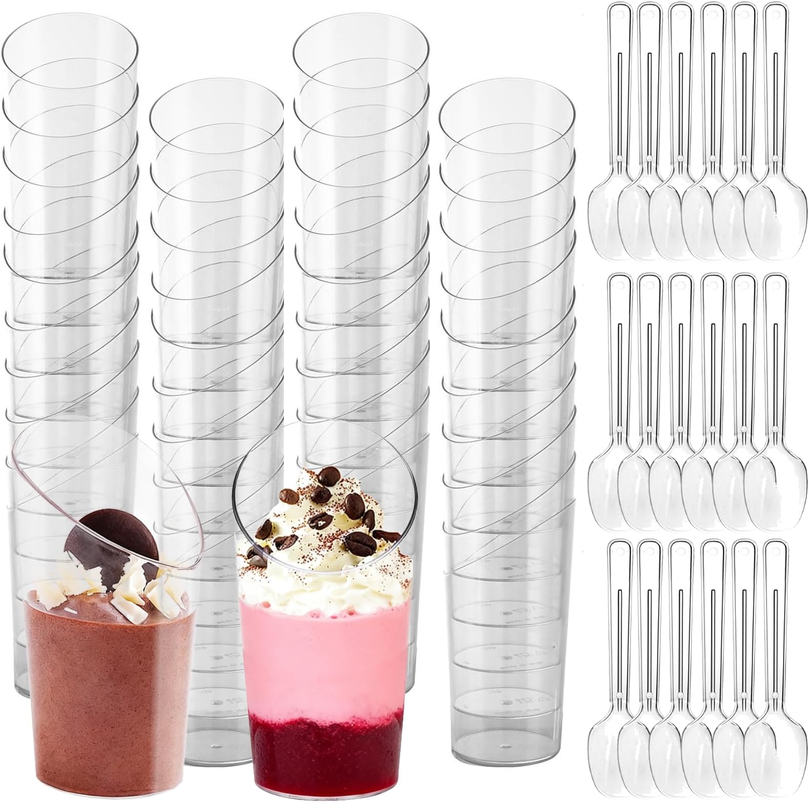 50-Pack 75ml Angled Dessert Cups with Spoons - Reusable Hard Parfait Cups for Cheesecake, Pudding, Mousse, Trifles, Jelly & Tiramisu | Clear Round Serving Bowls for Party & Catering