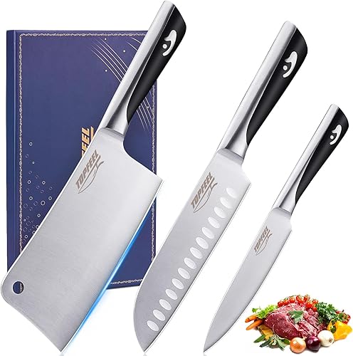 Juego de cuchillos de carnicero para carne, 3 piezas, picador de huesos de 7 pulgadas, cuchillo Santoku de 7 pulgadas y cuchillo utilitario de 5